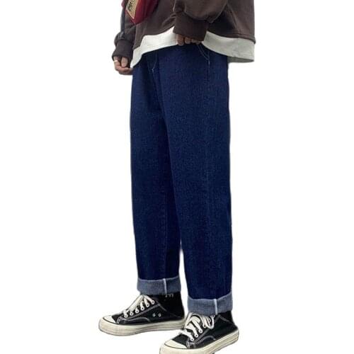 2021 Jeans schoolboy Solid Straight Ankle Length Pockets Loose Autumn Mens Fashion All Match Daily Simple