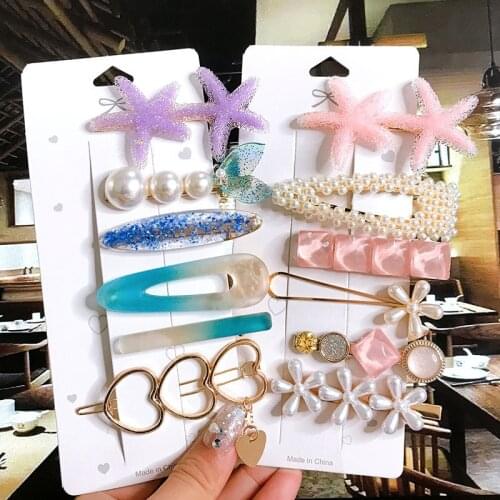 Women Hair Clips Set Fashion Acrylic Simulation Pearl Big Starfish Hairpin For Girls Hair Accessories Geometric Barrette Jewelry