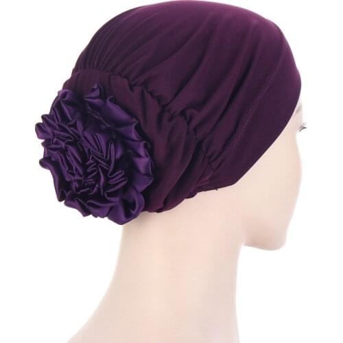 2021 New Women Solid Color Stretchy Muslim Turban Hijab Caps Satin Flowers Arab Wrap Inner Hijabs Bonnet Hat Headdress