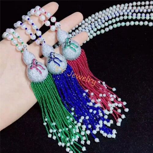 New 925 Silver Natural 6mm White Jade Gourd Pendant 4mm tassel Long Necklace