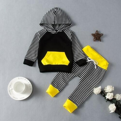 New Baby Boy Clothes Set 2 Piece Striped Patchwork Long Sleeve Hoodies Sweater Tops+trousers Casual Sport Baby Boy Outfit 0-18M