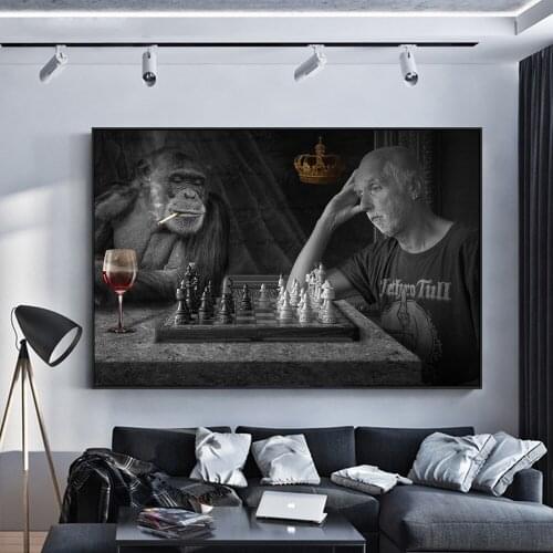 Monkey Playing Chess Creative Art Paintings Print on Canvas Art Posters and Prints Black And White Animals Art Pictures Cuadros