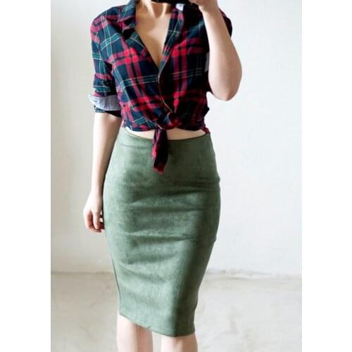 Solid Slim Midi Skirt Women Skirts Knee-Length Pencil Skirt Female Vintage Suede Split Bodycon Skirts Jupe Femme Faldas Mujer