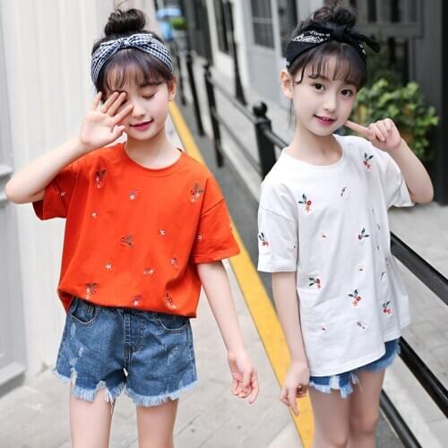 6-10T Girl Embroidery Floral T Shirt Korean Style Solid Short Sleeve Tops Summer Girls Cotton T-shirts