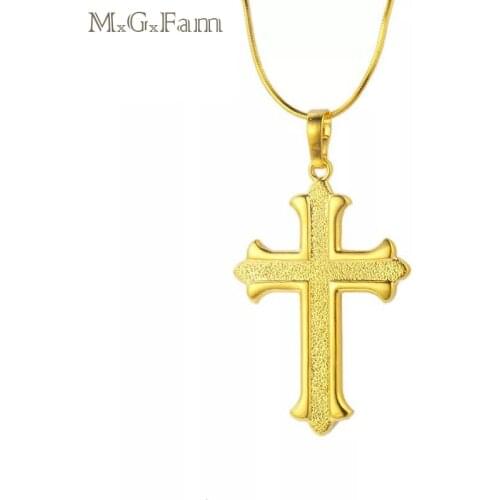 MGFam Jesus Cross Slide Pendant Necklace Jewelry New Arrival Pure Gold Color with 45cm Snake Chain