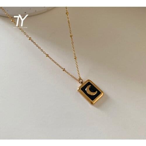 Classic Design Golden Moon Rectangular Pendant Titanium Steel Necklace For Woman Korean Fashion Jewelry Girls Clavicle Chain