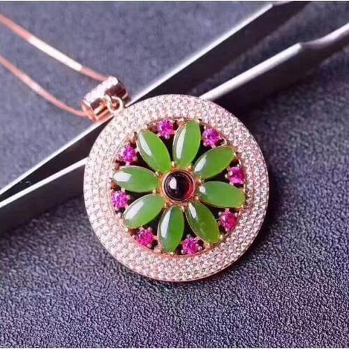 Natural green jasper pendant S925 silver Natural jade Pendant Necklace trendy luxurious elegant round women party jewelry