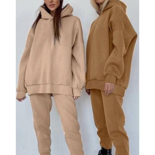 Dropshipping!! Solid Color Hoodie Pants Suit Warm Casual Long Sleeve Hooded Women Suit for Winter