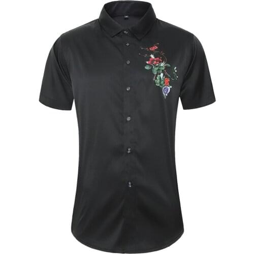 45KG-105KG Summer New Casual Mens Shirts Soft Cool Button Down Short Sleeve Featured Chest Flower Print Male Blouses 4XL 5XL