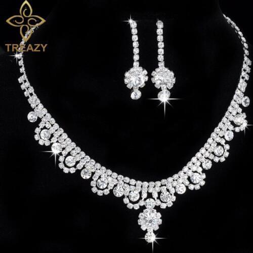 TREAZY Celebrity Inspired Crystal Rhinestone Choker Necklace Earrings Set Silver Color Wedding Bridal Bridesmaid Jewelry Sets