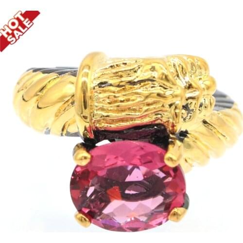19x15mm Unique Neo-Gothic Lepard Created Pink Tourmaline For Man Punk Hollow Black Gold Silver Rings Street Jewelry