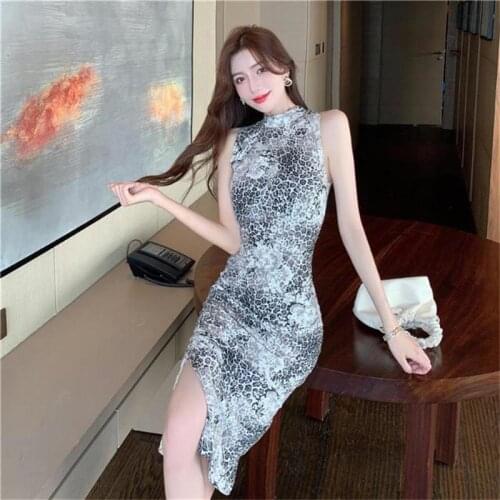 Vintage Goddess Cheongsam Leopard Print Zipper Chinese Style Dress Women High Split Sexy Qipao Medium Length Oriental Robe