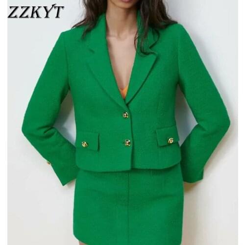 ZZKYT 2021 Women Spring Fashion Solid Single Breasted Short Jacket Coat Vintage Lapel Collar Pockets Outerwear Casual Chic Tops