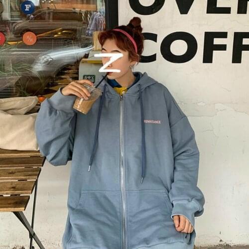 Women Fashion New Loose Oversized Zip-up Letter Hoodies Long Sleeve Casual Streetwear Student Korean Femme Sweatshirts