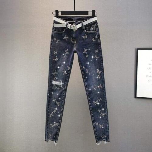 Women Beading Butterfly Fashion Ripped Jeans High Waist Jeans Female Washed Denim Pencil Pants Casual Plus Size Stretch Jeans