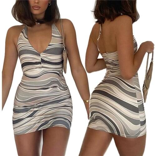 Womens Sexy Halter Mini Dress Summer 2021 Y2K Wave Printed Lace Up Bodycon Dress Sleeveless Beach Dresses Party Club Dress