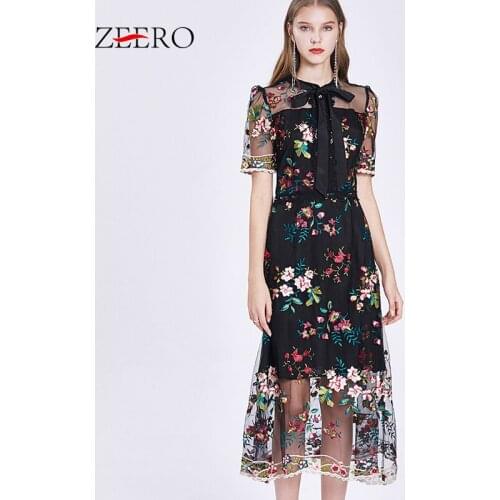 Summer Women Sexy Perspective Flower Embroidery Bow Neck Lace Dress Elegant Female Black Vintage Midi Party Dresses Plus Size