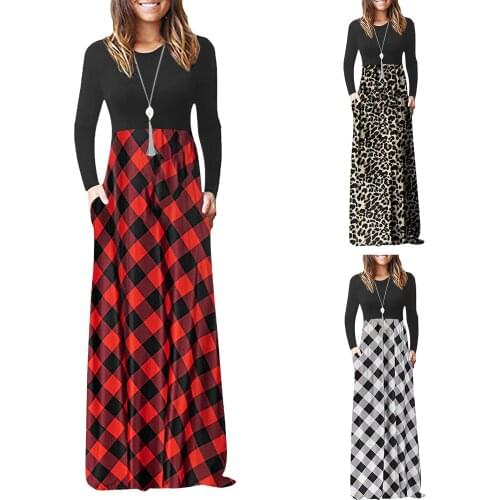 Elegant Print Patchwork Bodycon Casual Long Dress New Autumn Long Sleeve O-neck Stretchy Robe Maxi Dress Women Hips Vestidos