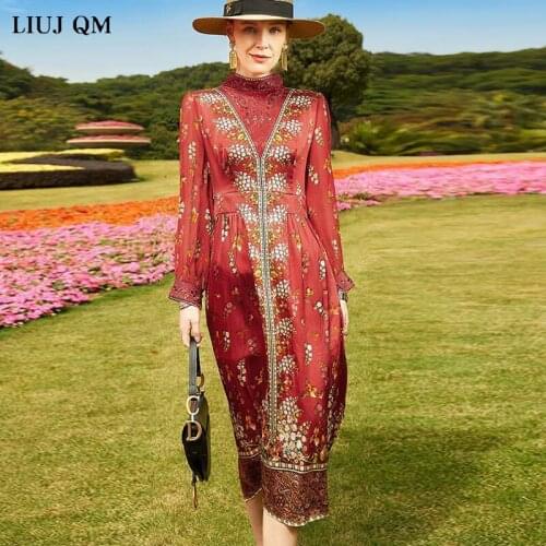 2021 Spring Long-sleeved Red Dress Women Temperament Loose Plus Size Midi Dress Vintage Female Elegant Dresses Printed Floral