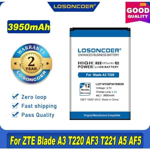 100% Original LOSONCOER Li3714T42P3h765039 3950mAh Battery For ZTE Blade A3 Q3 T230 AF3 T220 T221 A5 AF5 A5 Pro