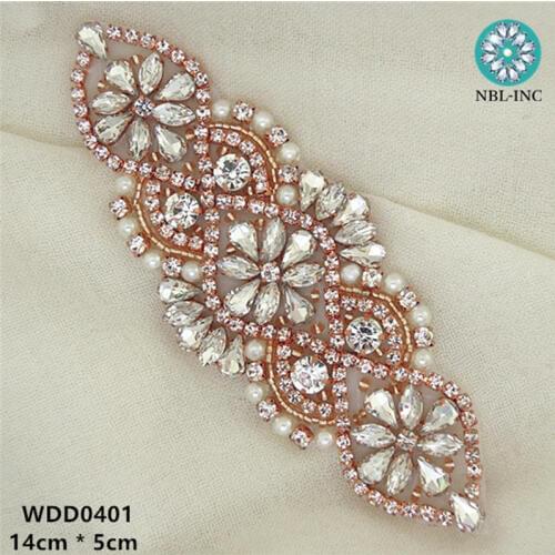 30 PIECES)Wholesale hand sewing beaded bridal rose gold crystal rhinestone applique for wedding dresses sash iron on WDD0401