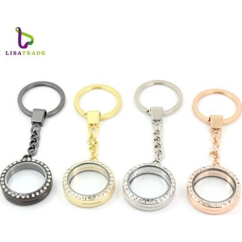 5PCS !! 30mm Round magnetic glass locket keychains floating charm locket Zinc Alloy+Rhinestone LSFK01*5