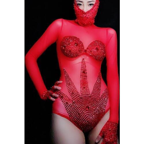 Sparkly Red Rhinestone Mesh Bodysuit Performance Dance Outfit Women Bar Dance Stage Party Sexy Costume Celebrate Dress DWY1381