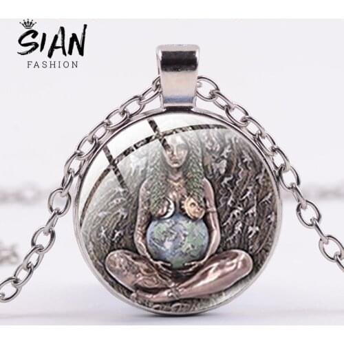 SIAN Vintage Earth Green Millennial Gaia Pendant Necklace Icons Cosplay On The Neck Choker Art Photo Glass Cabochon Jewelry Gift