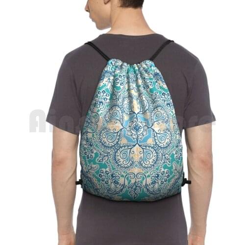 Gypsy Floral In Teal & Blue Backpack Drawstring Bags Gym Bag Waterproof Teal Navy Blue Aqua Cream Yellow White Doodle