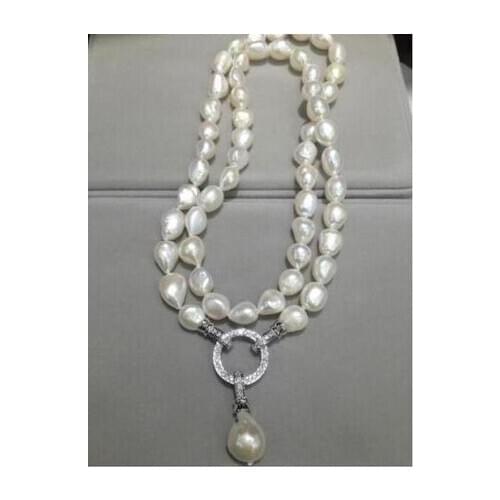 Elegant 11-12mm south sea baroque white pearl necklace +pendant 32inch