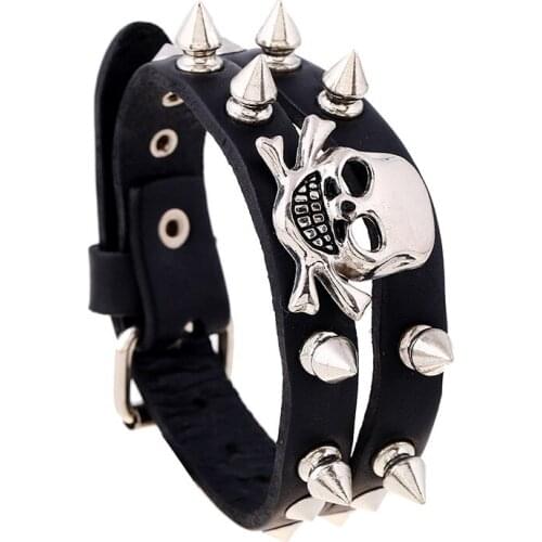 Jessingshow Punk Rock Skull Rivet Charm Bracelet Women Men Gothic Jewelry Braided Rope Genuine Leather Cool Bracelet Men