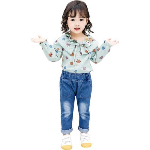 Kids Girls Clothes Set Autumn Floral Print Blouse Tops+Denim Pants 2 PCS Long Sleeve Children Baby Girl Clothing Sets