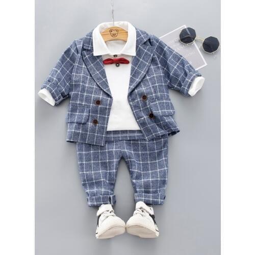 Children Clothes Spring Autumn Baby Boys Clothing Infant Lapel Plaid SUIT COAT T-Shirt Pants 3pcs/sets Toddler Casual Suit Sets