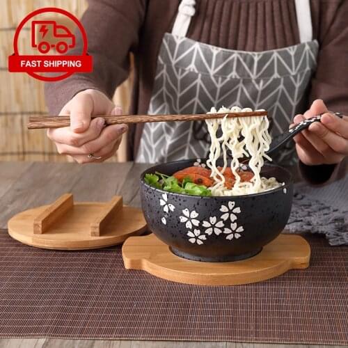 Frosted Matte Black Ceramic Noodle Bowl Soup Rice Bowl With Chopsticks Spoon Japanese-style Instant Noodle Bowl Cooking Utensils