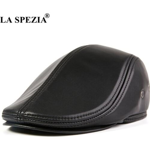LA SPEZIA Black Men Flat Cap Sheepskin Real Leather Mens Gatsby Cap High Quality Autumn Winer Earflaps Mens Duckbill Ivy Cap