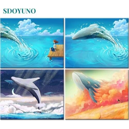 SDOYUNO 60x75cm Painting By Numbers Frame DIY Whale Drawing By Numbers On Cavans Modern Wall Art Animals For Home Decor