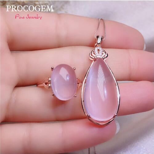 Natural Trendy Rose Quartz Crystal Jewelry sets for Women Girls Party Necklace Ring 15Ct Big gems Fine Jewelry S925 Silver #601