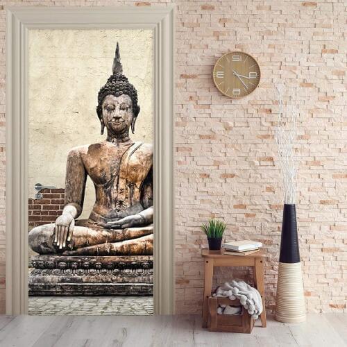 Door Mural Buddha Statue Door Sticker Wallpaper 3d mural Wall Print Decal Wall Deco Photo self adhesive door wrap
