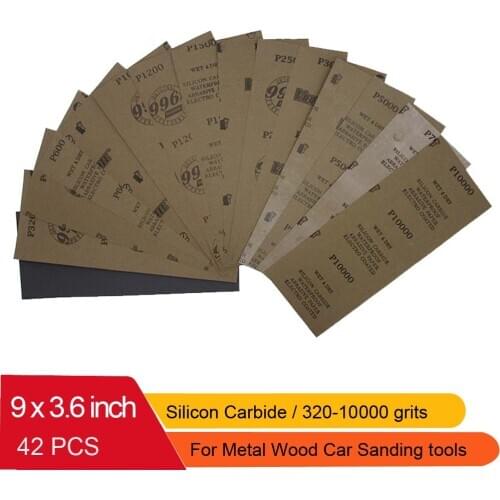 42 Pcs Waterproof Sandpaper 320 to 10000 Grit, 9" x 3.6", for Wood Furniture Finishing, Metal Sanding and Automotive Polishing