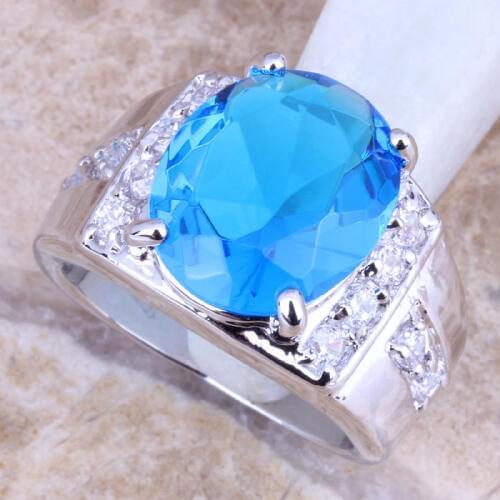 Noblest Sky Blue Cubic Zirconia White CZ Silver Plated Womens Oval Jewelry Ring Size 6 / 7 / 8 / 9 R1270