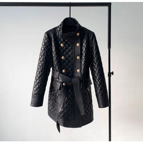 New Trend Leather Coat Women Thin Leather Overcoat Women Mid-length Thin sheepskin Windbreaker Cotton coat 2020 Spring Coat