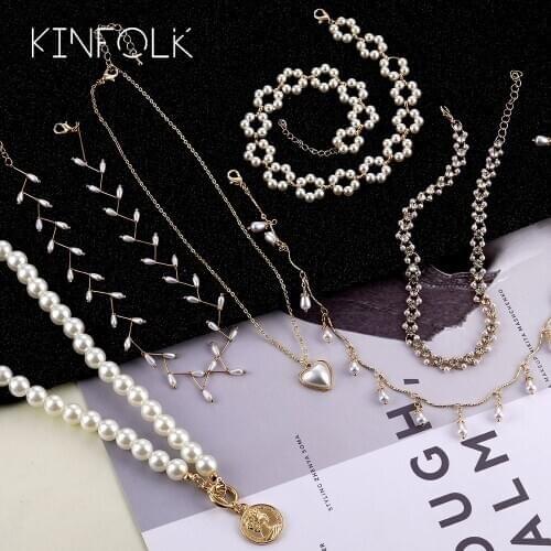 KINFOLK Boho Gold Pearl Chains Necklace Pendant Necklaces For Women Bohemian Chain Necklace Set Womens Jewelry 2020