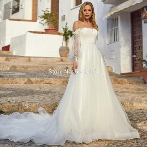 Luxury Wedding Dresses with Beadings 2021 Off the Shoulder Lantern Sleeves Beaded Sash A Line Long Pleated Wedding Bridal Gowns