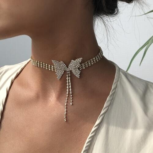 Rhinestone Butterfly Choker Necklace For Women Shiny Crystal Statement Charm Necklaces Wedding Party Jewelry