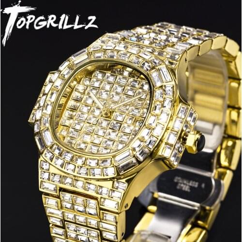 TOPGRILLZ 2021 New Baguette Mechanical Luxury Rhinestones Watches Mens Stainless Steel Watch Hip Hop Charm Jewelry Dropshipping