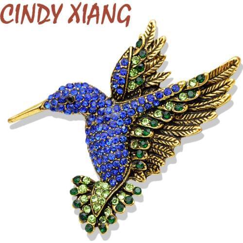 CINDY XIANG New Arrival Navy Blue Color Rhinestone Hummingbird Brooches for Women Vintage Fashion Animal Pins High Quality Gift