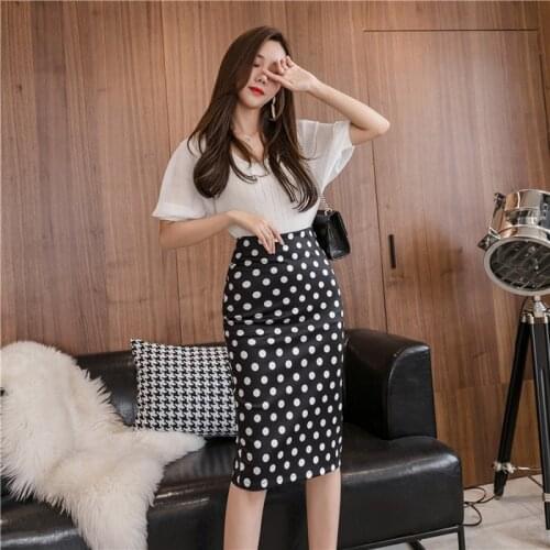 2021 Women Ladies Pencil Dot Printed Bodycon Skirt Korean Style High Waist Formal Female Falda Empire Vintage Skirts
