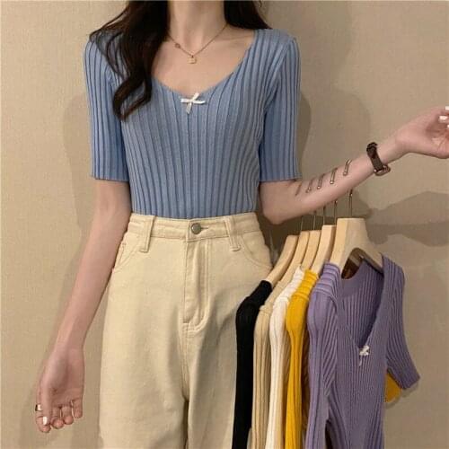 Woman TShirts Womens V-neck Knitted Short-Sleeved T-shirt Summer 2021 Top Clothes Crop Top Mujer Camisetas