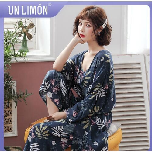 UNLIMON Women Korean Fashion Sleepwear Sets 3pcs Pajamas Long Sleeve Pants