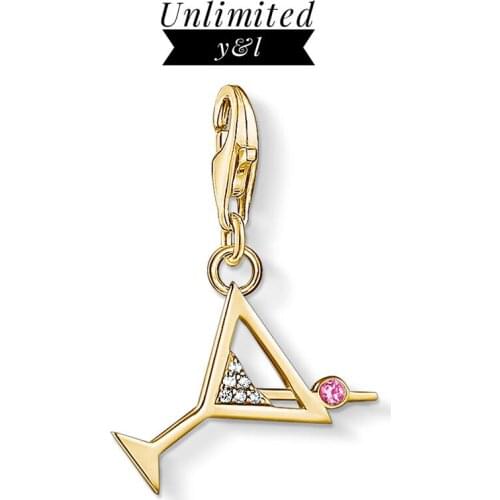 Golden Cocktail Glass Charm 925 Sterling Silver 2020 Spring Fashion Jewelry Fit Bracelet Chain Jewelry Women Party Gift Cheers